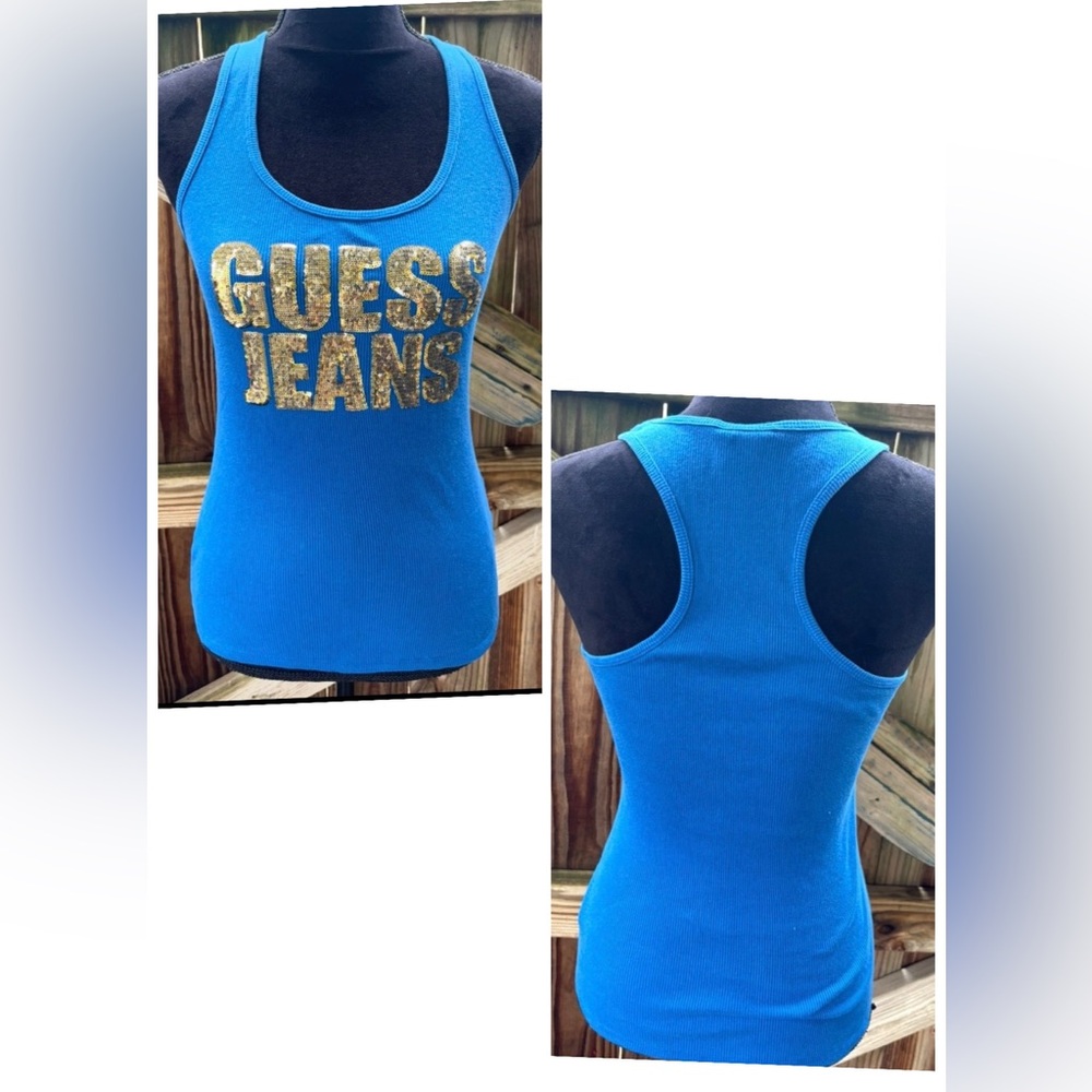 Guess Jeans Electric Blue Ribbed Racerback Tank Top with Gold Sequins Size L